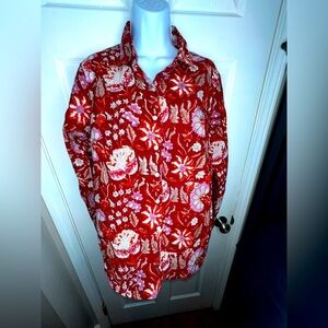 Madison Mathews Women’s Large Red Floral Button Down Cotton Boyfriend Shirt L